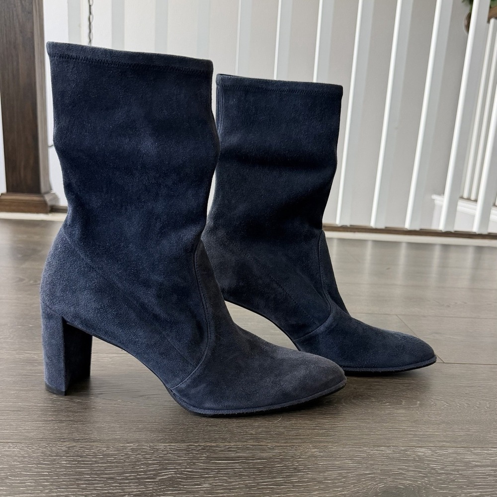 Stuart Weitzman Womens Suede Slip-On Heeled Ankle Boots Blue 12 Quiet Luxury